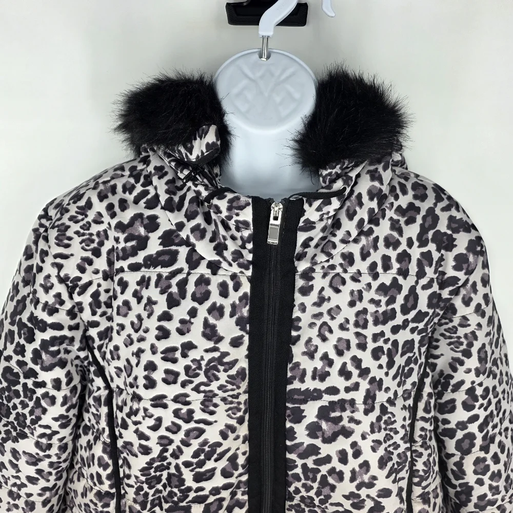 INTL DETAILS Leopard Puffer Coat Womens 1X Black Faux Fur Hood Winter Jacket - Picture 2 of 9
